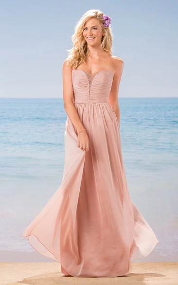 Strapless A-Line Long Chiffon Gown With Beadings And Ruches