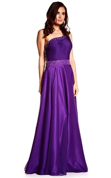 A-Line Ruched Sleeveless One-Shoulder Floor-Length Satin Prom Dress With Beading