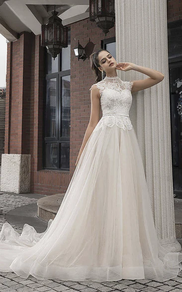 Button Back Vintage Lace Tulle High Neck Cap Sleeve Bridal Gown