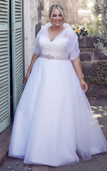 A-Line Jeweled V-Neck Tulle Plus Size Wedding Dress