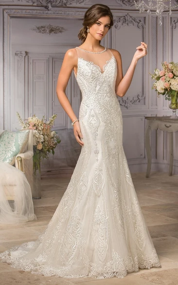 Sleeveless Mermaid Wedding Dress With Illusion Bateau Neck And Appliques