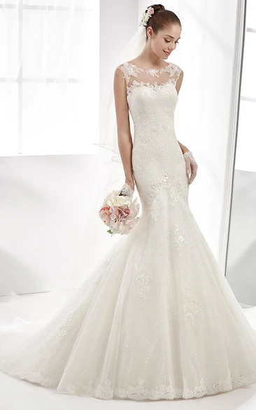 Jewel-Neck Mermaid Sheath Gown With Illusive Neckline And Back