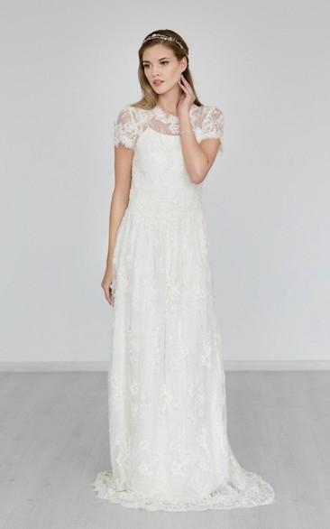 Boho High Neck Cap Sleeve A-Line Lace Wedding Dress With Brush Train