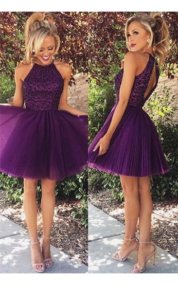 Elegant Purple Beadings High Neck Homecoming Dress Short