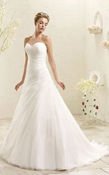 A-Line Sweetheart Long Beaded Tulle Wedding Dress With Criss Cross