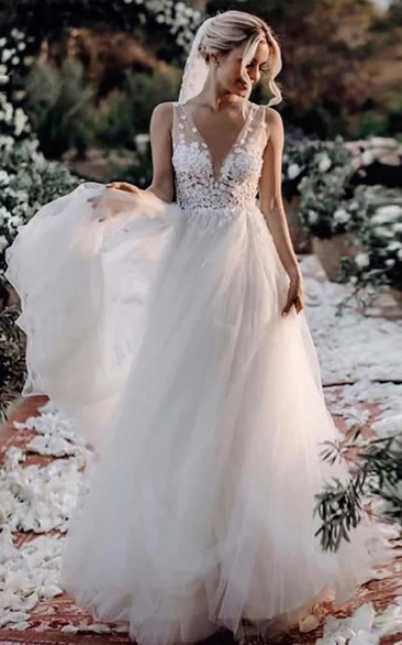 A Line Sleeveless Lace Tulle Bohemian Illusion Deep-V Back Wedding Dress with Appliques