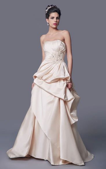 Strapless Sleeveless A-line Ruffled Satin Long Wedding Dress