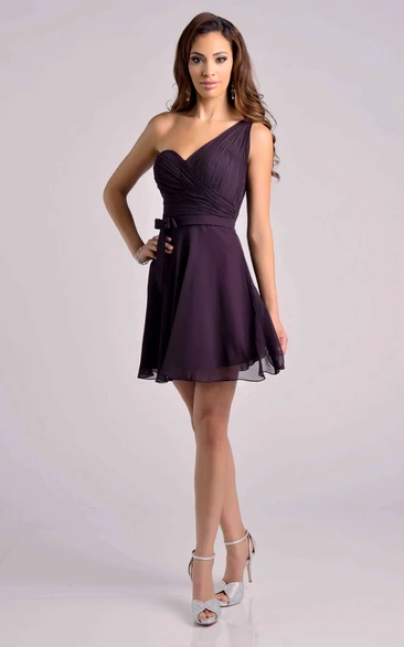 One-Shoulder Short A-Line Chiffon Bridesmaid Dress With Ruched Bodice And Ribbon