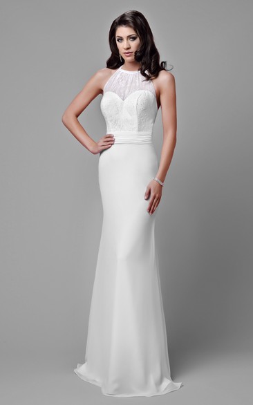 Lace And Chiffon Sleeveless Wedding Dress With Halter And Open Back