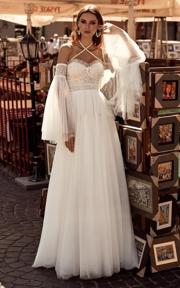 Elegant Halter Illusion Garden Lace Wedding Dress with Lace-up/Corset Back Appliques