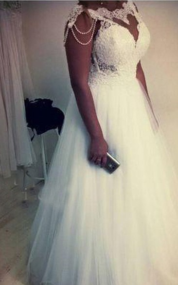 A Line Bateau Lace Tulle Zipper Wedding Dress