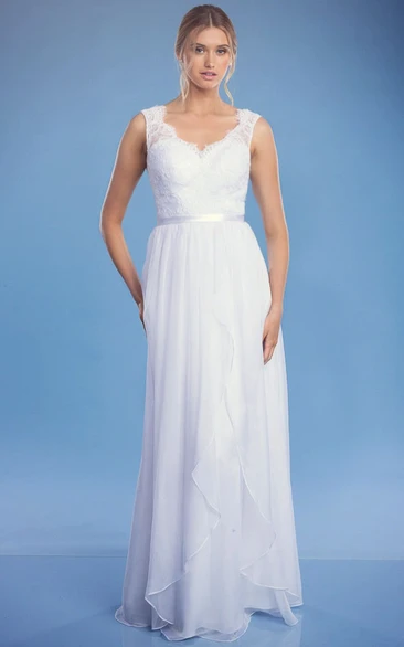 Sheath Floor-Length Sleeveless Lace V-Neck Wedding Dress With Draping
