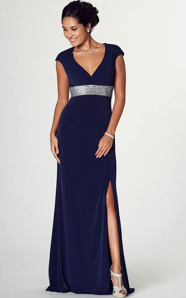Floor-Length Cap Sleeve V-Neck Jeweled Jersey Prom Dress With Brush Train