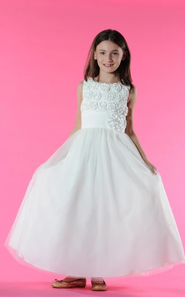 Flower Girl Scoop Neck Tulle Ball Gown With Flower Bodice