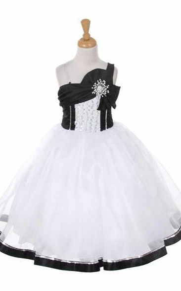 Broach Tea-Length Bowed Tiered Sequins&Organza Flower Girl Dress With Sash