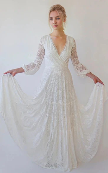 Informal Boho Deep V-Neck Lace Simple Floor Length Wedding Dress with Sleeves