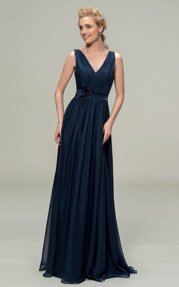 V-neck Sleeveless Elegant Chiffon Floor-length Dress With Floral Appliques And Sash