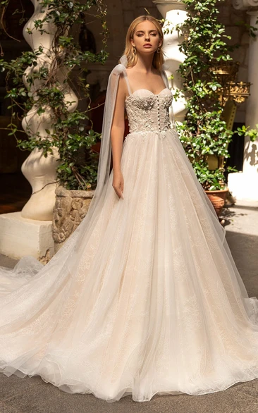 Modern Ball Gown Sleeveless Court Train Lace Backless Wedding Dress with Appliques