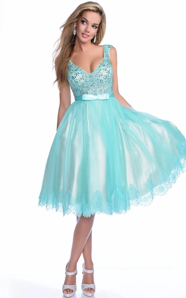 A-Line V-Neck Sleeveless Bow Sash Prom Dress With Jeweled Bodice And Lace Trim