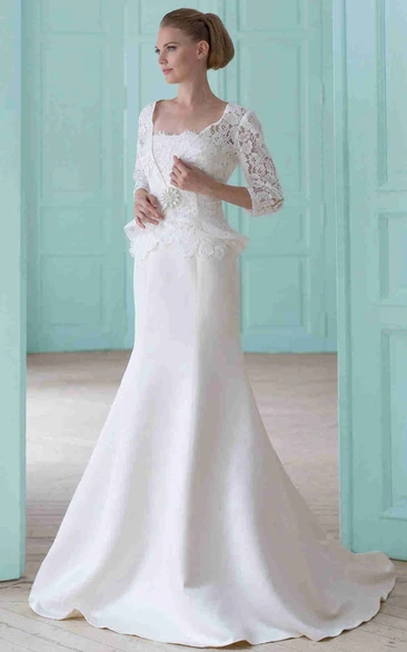 Sheath Floor-Length Square-Neck Long-Sleeve Satin&Lace Wedding Dress With Broach And Illusion