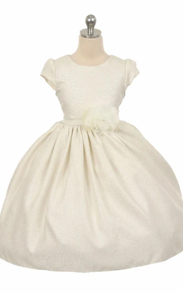 Floral Tea-Length Beaded Floral Flower Girl Dress With Ribbon
