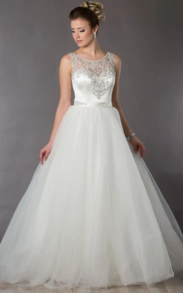 Scoop Neck Satin Top Tulle Skirt Bridal Ball Gown With Crystals