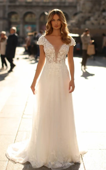 Modest A-Line V-neck Lace Cap Sleeve Garden Wedding Dress with Sweep Train
