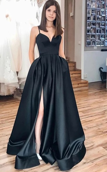 A Line Sleeveless Satin Solid Evening Dress with Ruffles and Split Front