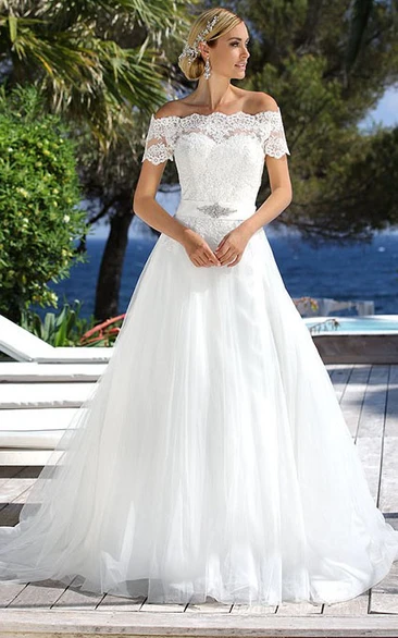 Floor-Length Off-The-Shoulder Jeweled Tulle Wedding Dress With Appliques