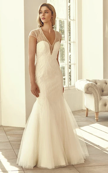 Floor-Length V-Neck Cap-Sleeve Beaded Tulle Wedding Dress With Illusion