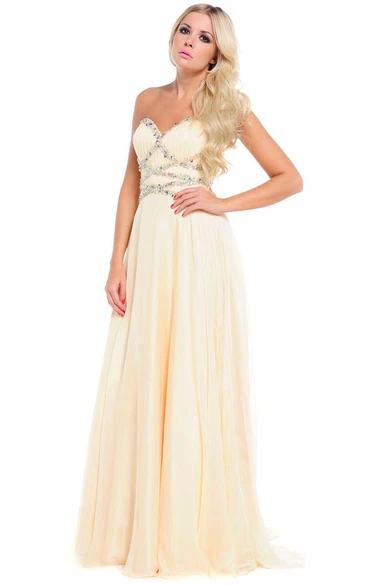 A-Line Floor-Length Sweetheart Sleeveless Beaded Tulle&Satin Prom Dress With Ruching