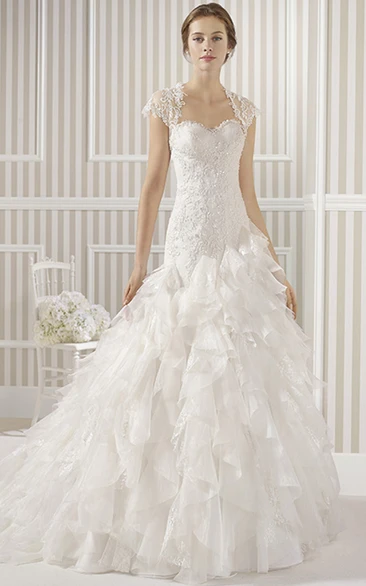 A-Line Long Sweetheart Beaded Organza Wedding Dress With Cascading Ruffles And Appliques