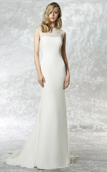 High Neck Maxi Lace Jersey Wedding Dress With Sweep Train And Illusion