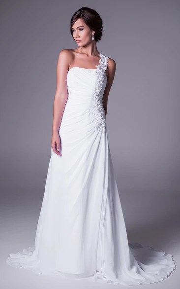 One-Shoulder Floor-Length Ruched Chiffon Wedding Dress With Brush Train