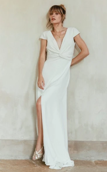 Applique A-Line Satin Beach Wedding Dress with V-Neck and Open Back Modern Bridal Gown