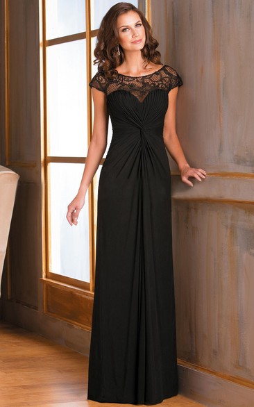 Cap-Sleeved Long Ruched MOB Mother Of The Bride Dress With Illusion Lace Neckline