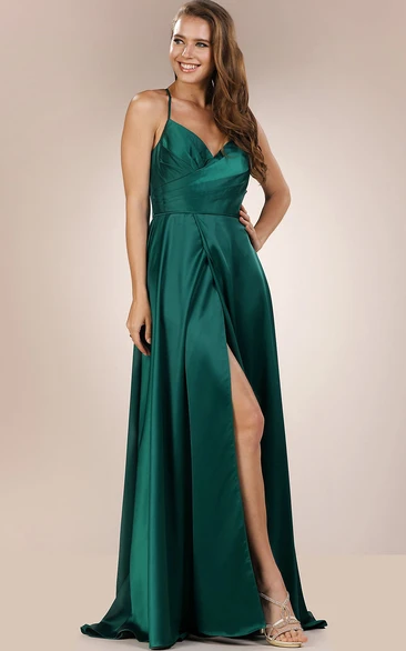 Modern Satin Sleeveless Floor-length A Line Prom Dress with Split Front
