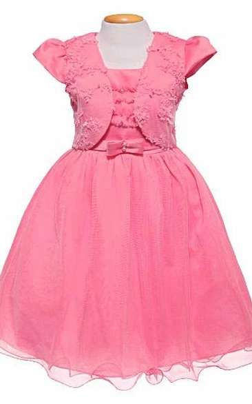 Short Bolero Bowed Tulle&Satin Flower Girl Dress With Embroidery