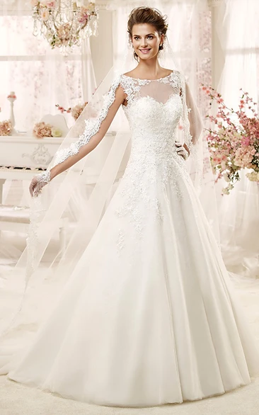 Jewel-neck A-line Wedding Dress with Illusive Design and Keyhole Back