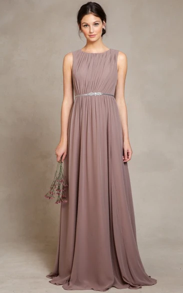 Scoop Long Ruched Chiffon Bridesmaid Dress With Sweep Train And Keyhole