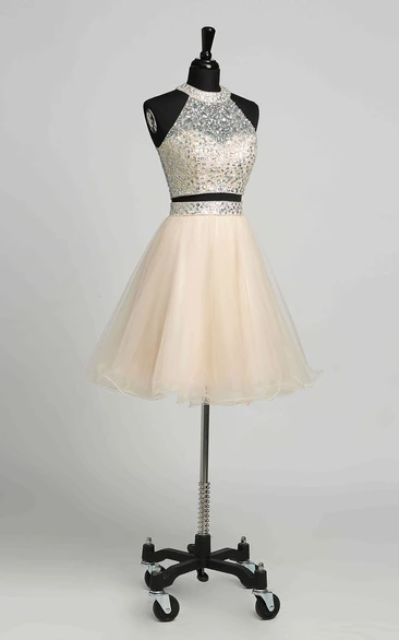 Tulle A-Line Halter Romantic Sleeveless Short Mini Keyhole Dress with Beading Sequins