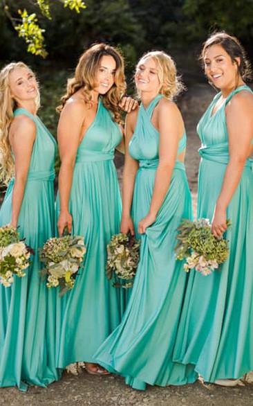 Elegant Convertible V-neck Jersey Bridesmaid Dress With Half Sleeves And Straps Back 