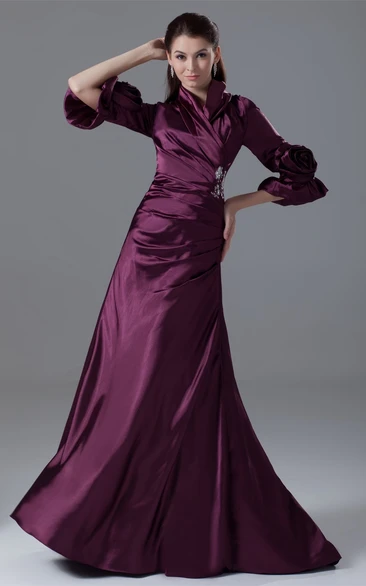 Modest Long-Sleeve Side-Ruched Formal Gown with Beading and Flower