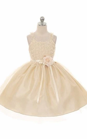 Ruffled Tea-Length Tiered Tulle Flower Girl Dress With Embroidery