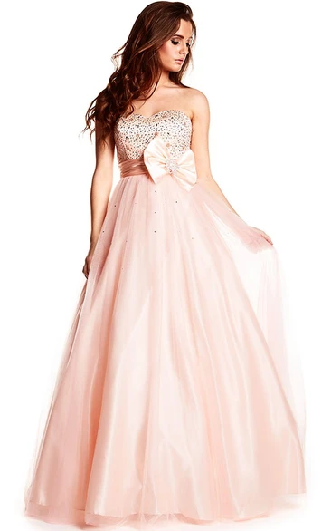 A-Line Beaded Sleeveless Strapless Maxi Tulle&Satin Prom Dress With Bow