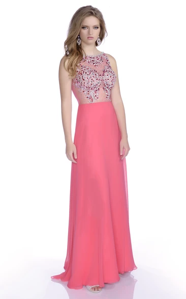 Sleeveless A-Line Chiffon Prom Dress With Jeweled Bodice