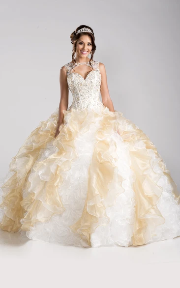 Sleeveless Keyhole Ball Gown With Cascading Ruffles And Lace-Up Back