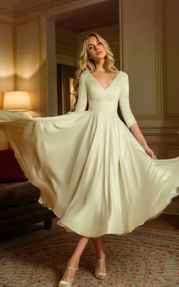 Long Sleeve A-Line V-neck Simple Casual Modest Tea-length Wedding Dress Gowns