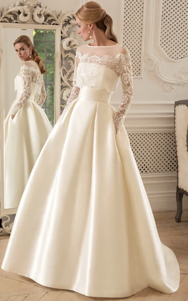 Modern Satin A Line Floor-length Long Sleeve Jewel Wedding Dress with Ruching
