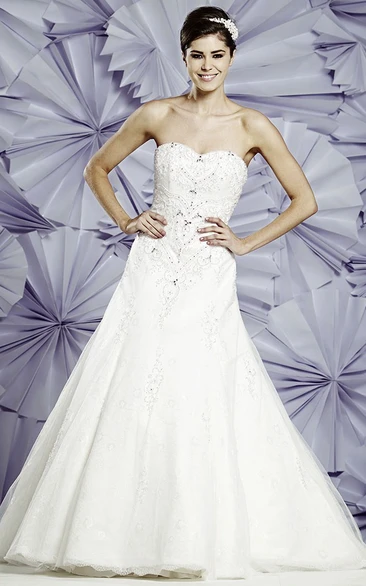 A-Line Maxi Sweetheart Sleeveless Beaded Tulle Wedding Dress With Appliques
